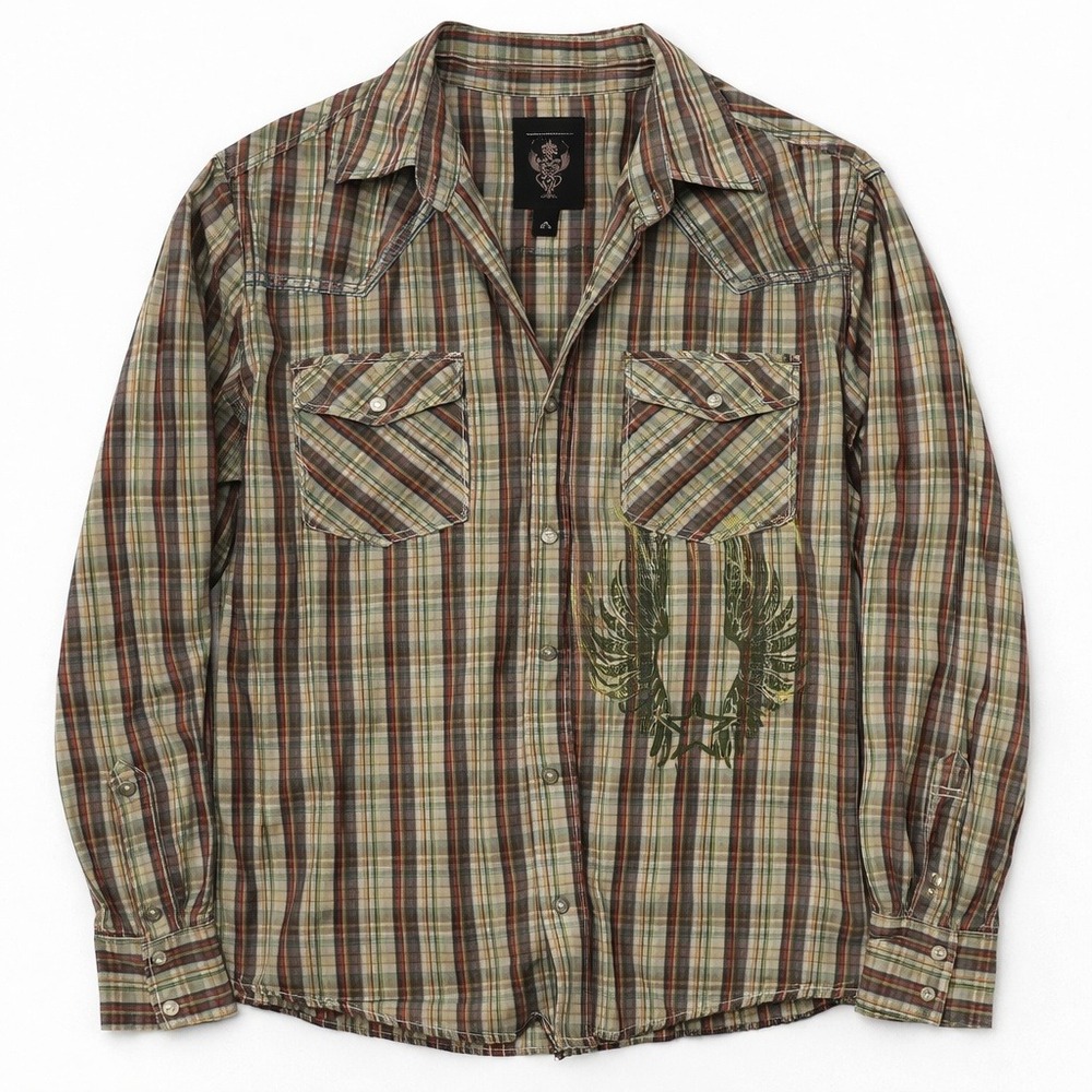 Mens Western Grunge Platini Cotton Shirt Plaid Wing Brown‎ Green Sz M Affliction